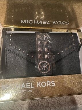 Michael Kors Black Saffiano Studded Envelope Wallet with MK Medallion Belt Bag